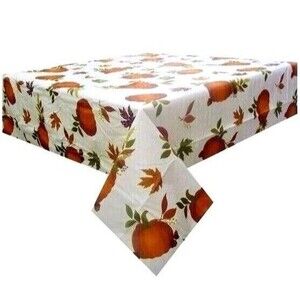 Tossed Pumpkin Tablecloth 52 x 90-In Vinyl Cream Orange Green Fall Kitchen Gift